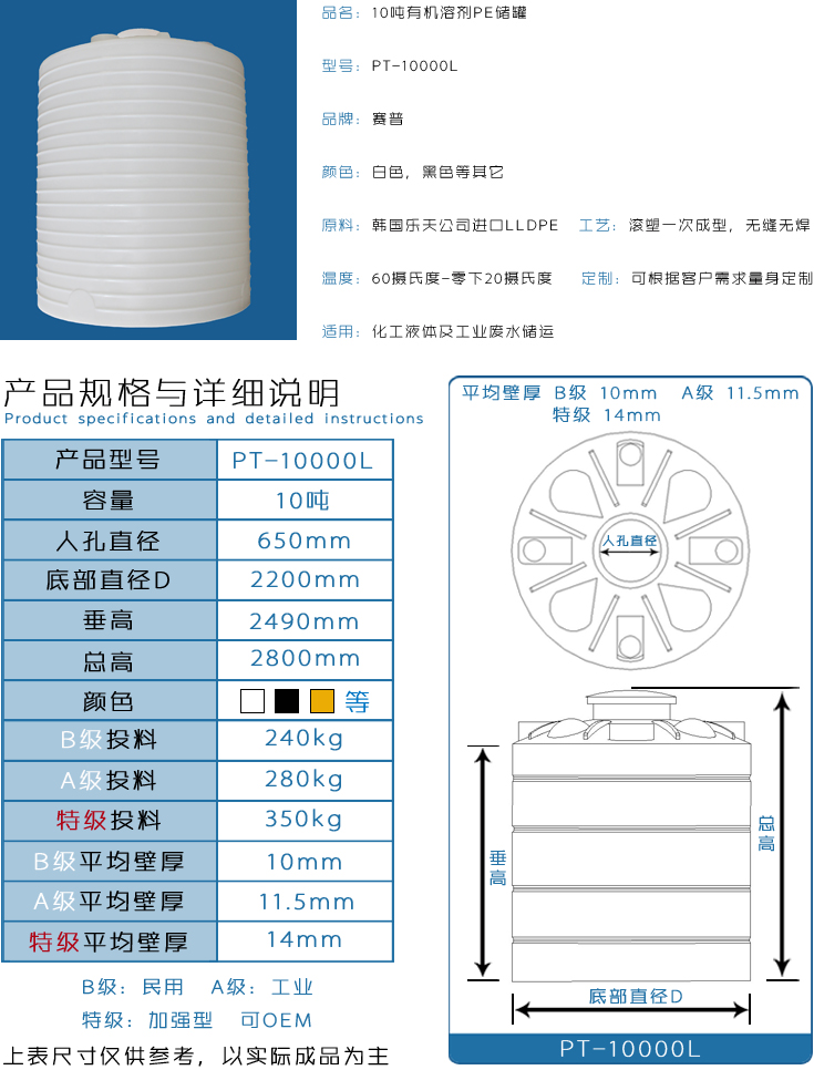 10吨有机溶剂PE储罐详情