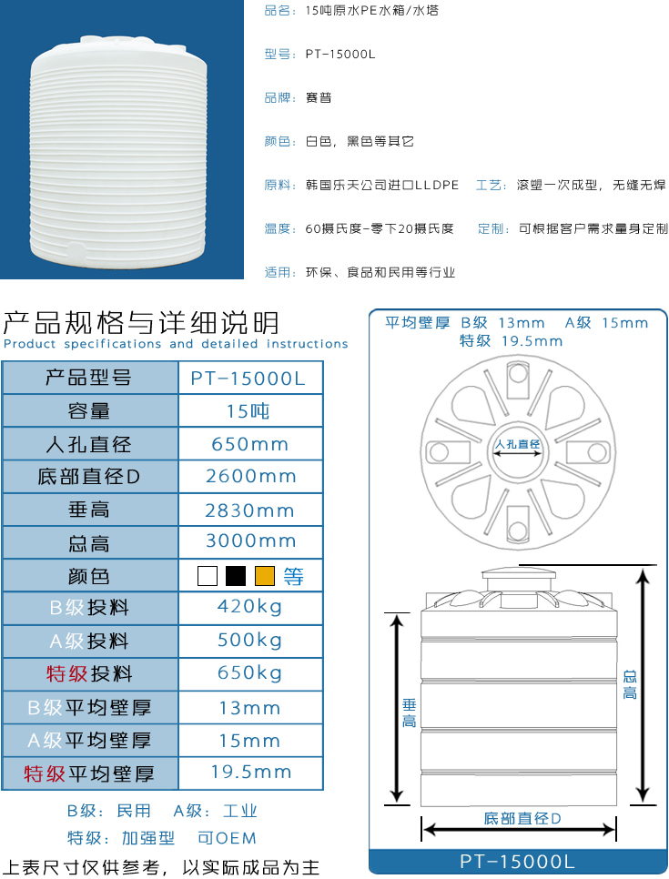 15吨原水PE水箱水塔详情