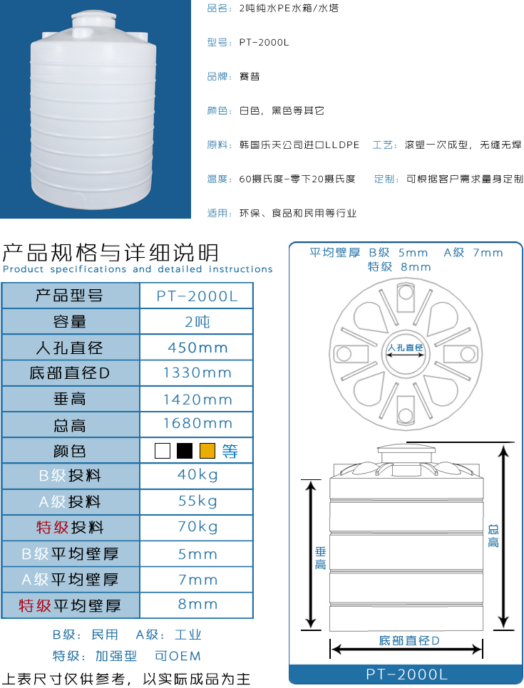 2吨纯水PE水箱水塔详情