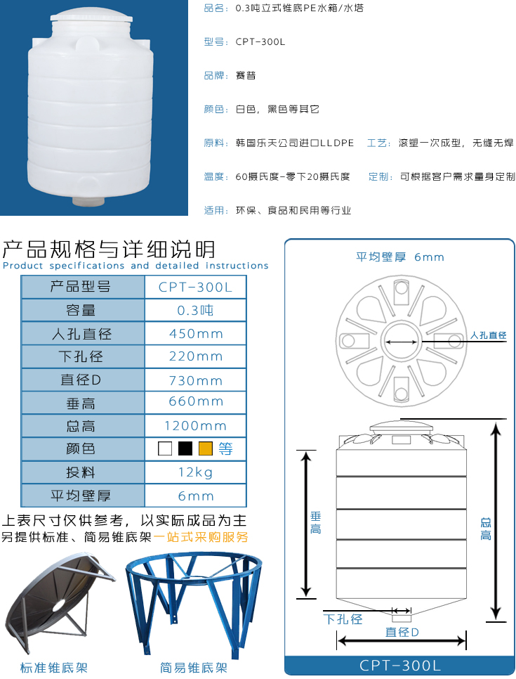 零点3吨锥底PE水箱详情