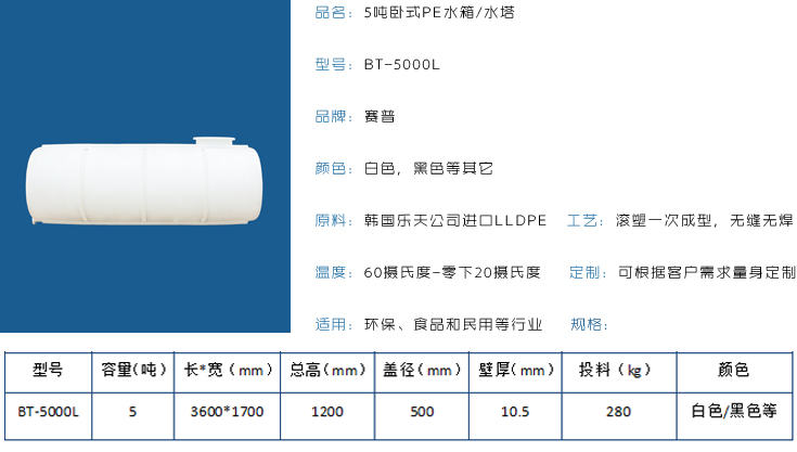 5吨卧式PE水箱水塔详情